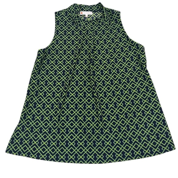 Jude Connally Green navy Geometric sleeveless mock neck Blouse size large - Picture 2 of 10
